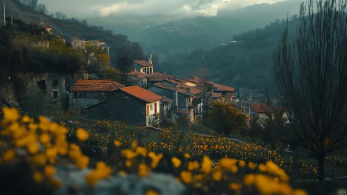 Mountain village with red roofs in hazy evening light.