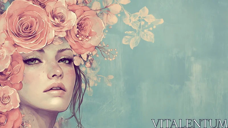 Floral crowned portrait integrates pastel roses with muted teal ground