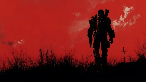 Silhouetted armored figure on red background landscape.