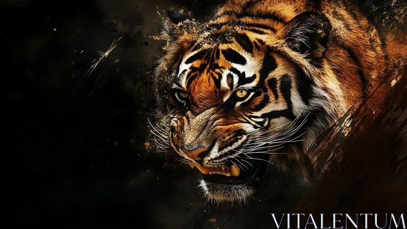 Snarling tiger portrait over dark abstract splatter field.