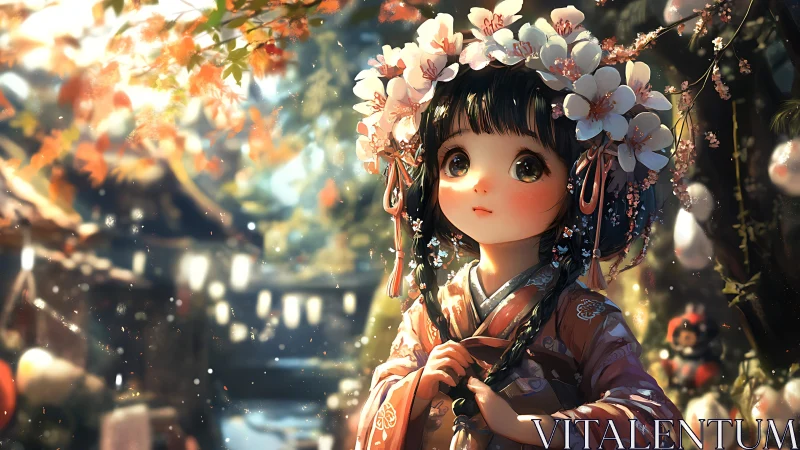 Young girl in floral kimono admires a lantern-lit spring festival.