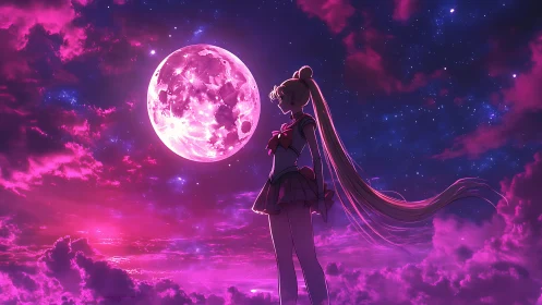 Moonlit anime heroine stands beneath a glowing cosmic sky