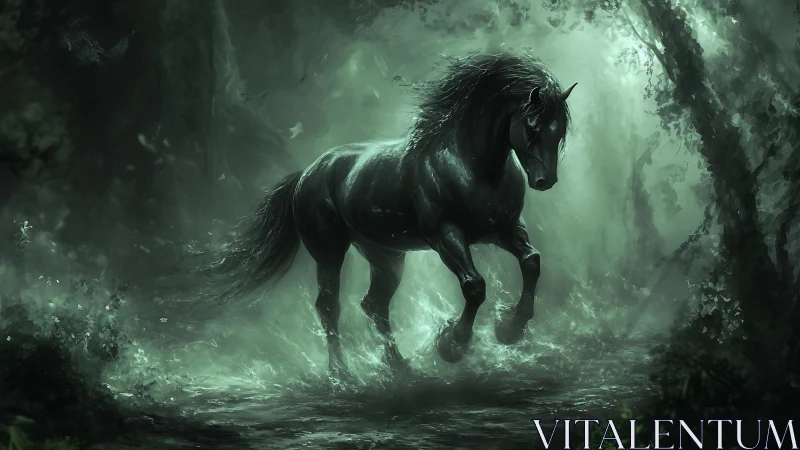 Mythic black stallion in luminous misted forest scene.