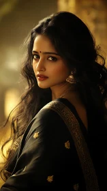Elegant woman in black saree with warm golden lighting.
