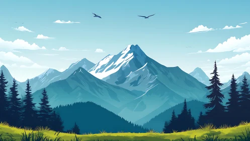 Snowcapped mountain range over pine valley at sunrise.