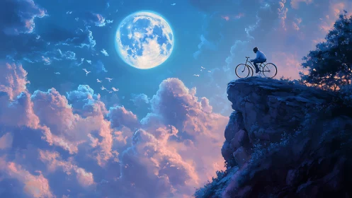Cyclist on cliff edge under full moon night sky