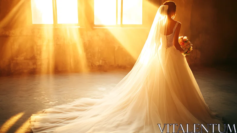 Backlit bridal silhouette in golden window light glow.