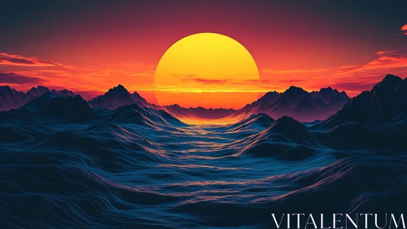 Vivid digital sunset over stylized mountains and waves.
