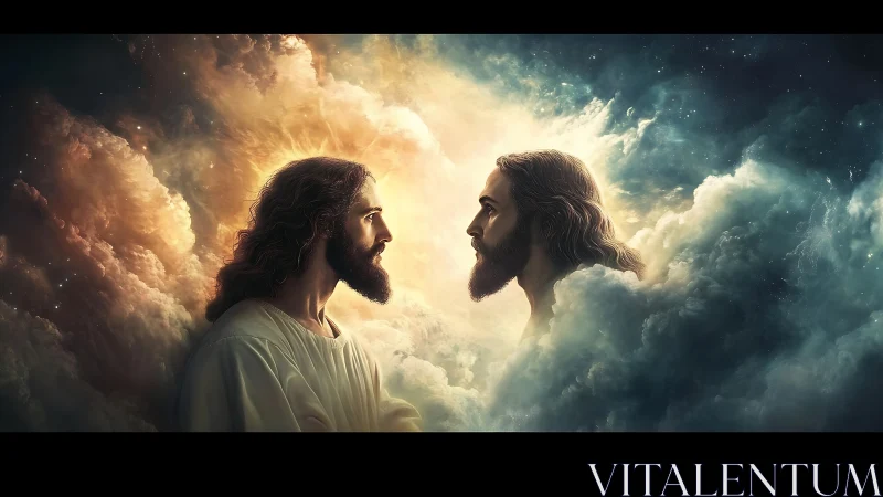 Mirrored bearded figures confront within luminous celestial clouds