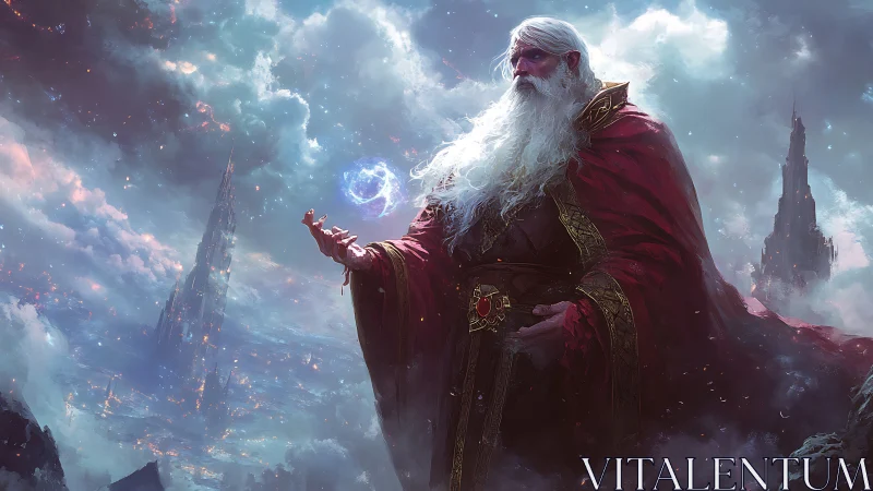 Elder mage studies arcane sphere amid storm-swept spires