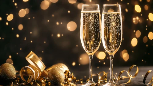 Champagne flutes glow amid golden bokeh celebration lights.