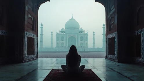 Solitary figure seated before Taj Mahal in soft mist.