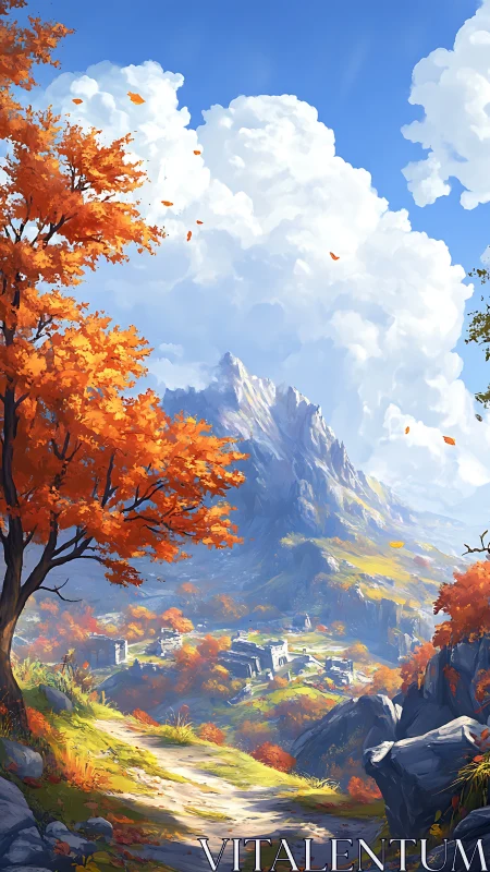 Mountain valley path with autumn trees and distant ruins.