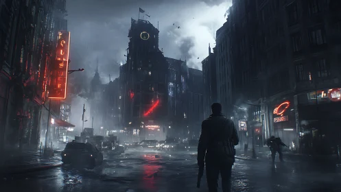 Lone figure walks through neon city street in heavy rain