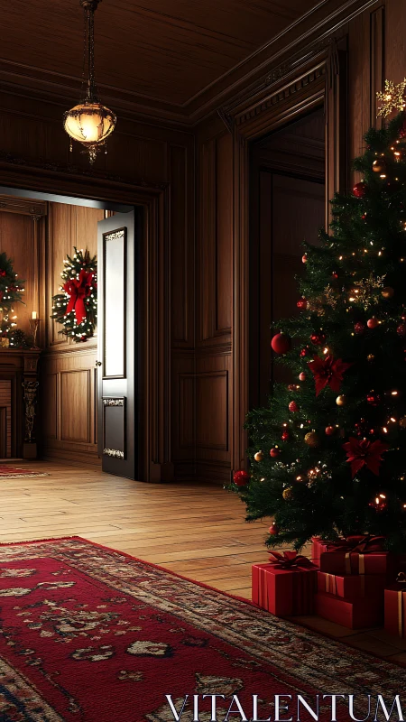 Wood paneled interior with decorated Christmas tree and doorway.
