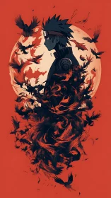 Ninja silhouette dissolves into swirling black crows and fire.