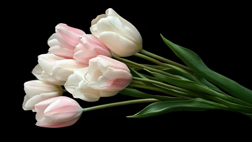 Five Parrot Tulips with Pale Pink and Cream Coloration Against Black Background