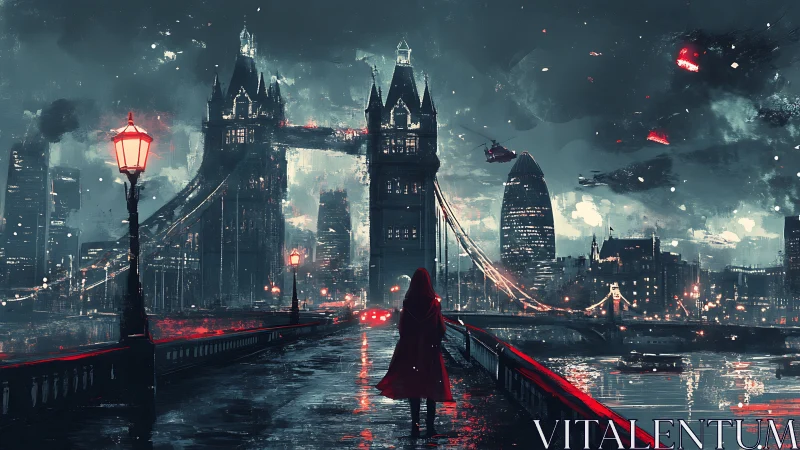Futuristic London bridge skyline with lone figure and aircraft.