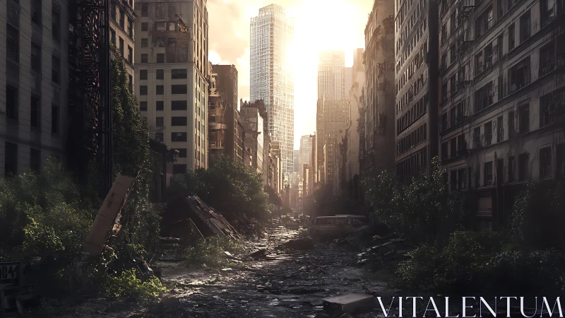Sunlit skyscraper crowns a post-apocalyptic urban canyon