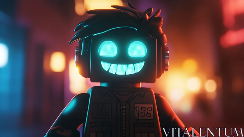 Neon brickhead grins wide while cruising the cyber city night