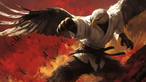 Martial eagle warrior executes dynamic punch over burning ground
