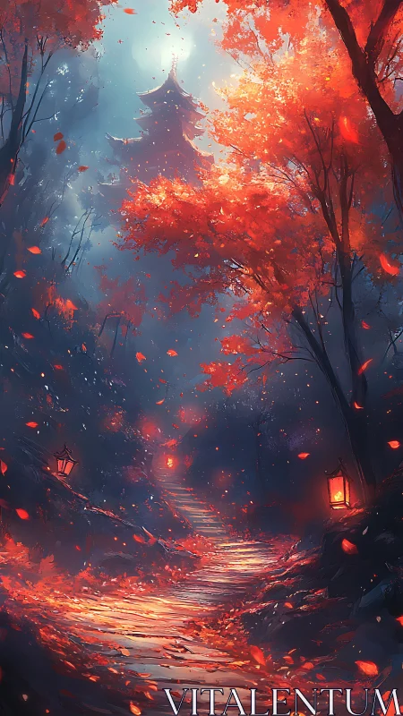 Forest stairway leads toward distant pagoda in diffuse light