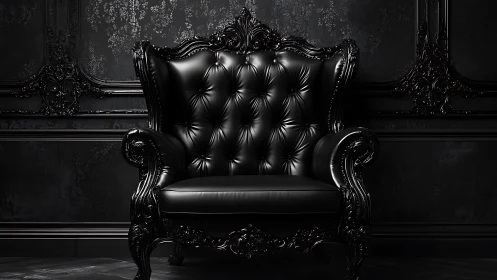 Black baroque leather armchair dominates dark ornate room