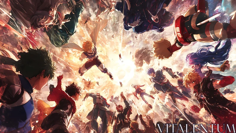 Heroic anime characters converge in dynamic sky battle.