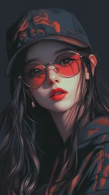 Digital portrait of streetwear girl in red-tinted glasses.