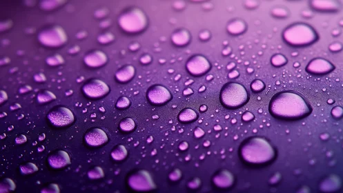 Purple water droplets on smooth surface in macro view.