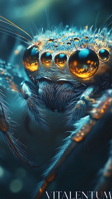 Macro render isolates iridescent spider eyes in shallow depth