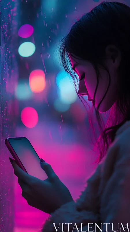 Young woman glows in neon rain while absorbed in her phone