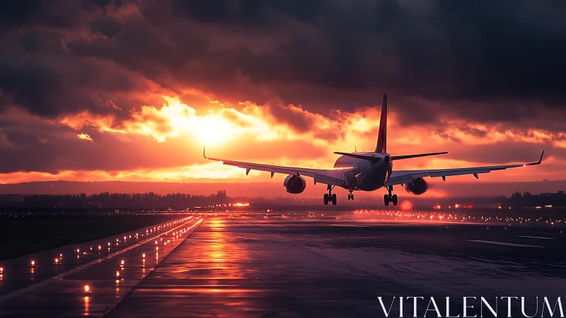 Jet airliner descends toward wet runway under vivid sunset sky