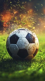 Grass-sparked soccer ball pauses mid-chaos on blazing turf