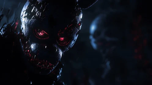 Demonic mechanical rabbit glares through cracked metallic mask