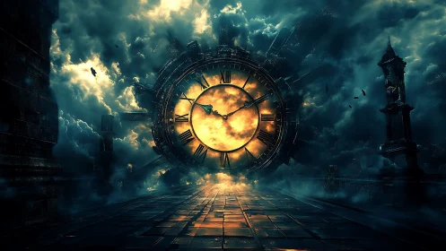 Colossal glowing clock floats over stormy stone causeway