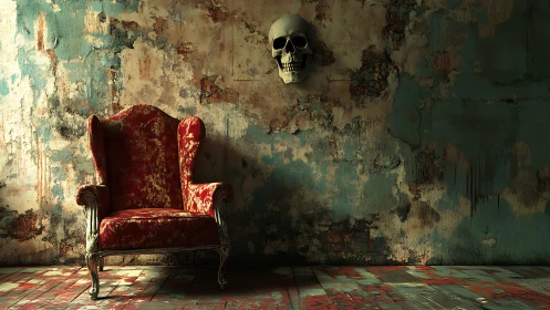 Decayed interior frames ornate red armchair and mounted skull