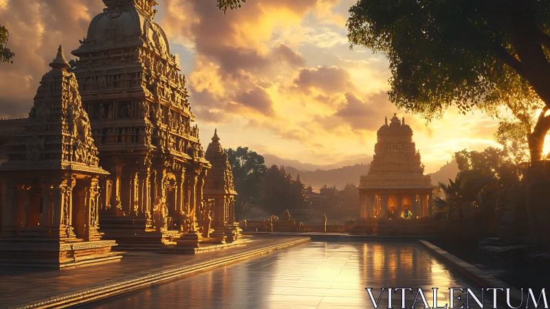 Sunlit temple reflections bathe sacred stone in molten gold.