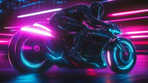 Futuristic neon motorcyclist racing on glowing highway.