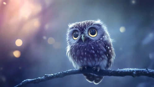 Adorable wide-eyed owl perched at night, dreamy digital art style.