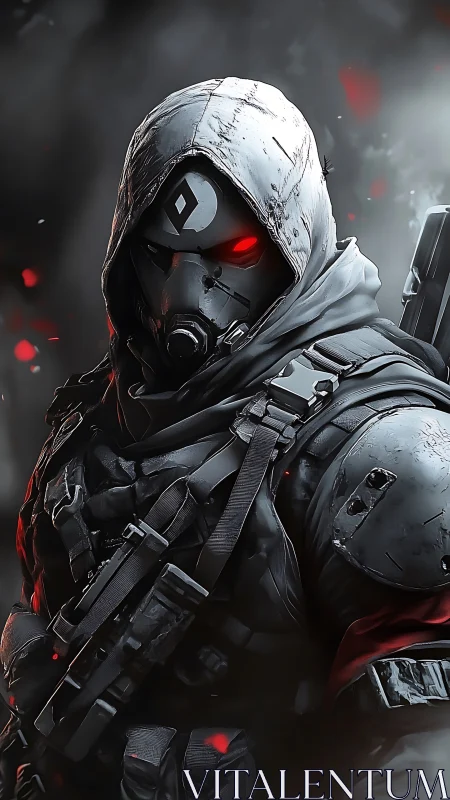 Armored hooded soldier wears mask and glowing red visor