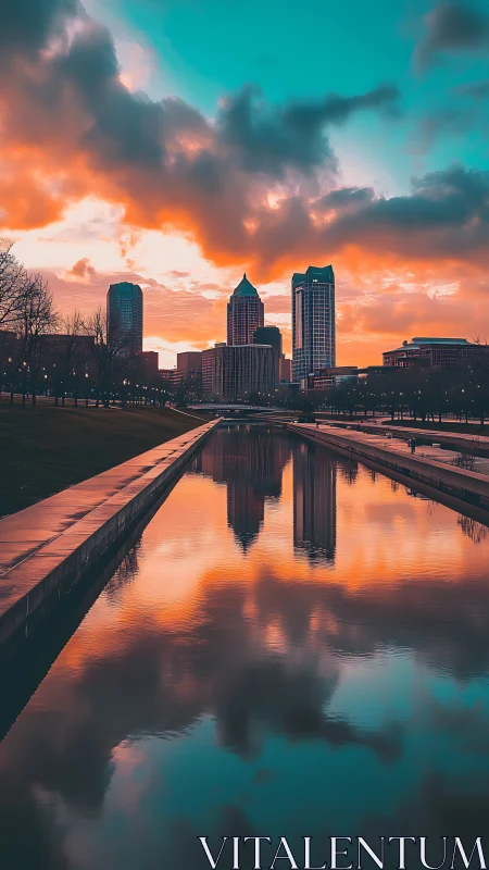 City skyline reflected symmetrically in canal at sunset