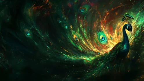Celestial emerald peacock with radiant cosmic plumage.