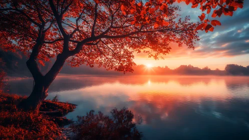 Chromatic shoreline tree framing high-saturation lake sunrise.
