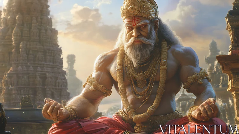 Digital painting of meditative sage amid ornate temple complex.