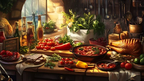Sunlit rustic kitchen feast simmering in golden abundance.