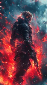 Lone flame-clad warrior striding through a storm of embers.