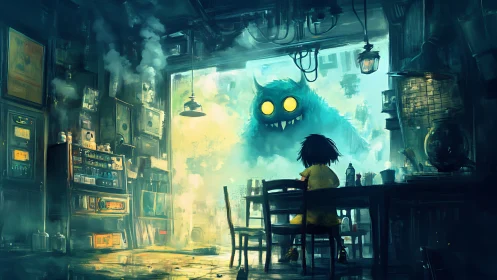 Child in workshop facing large blue creature at doorway.