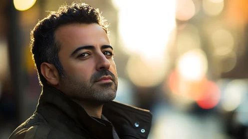 Man in jacket stands outdoors against blurred urban lights