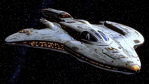 Streamlined spacecraft model travels through dense starfield